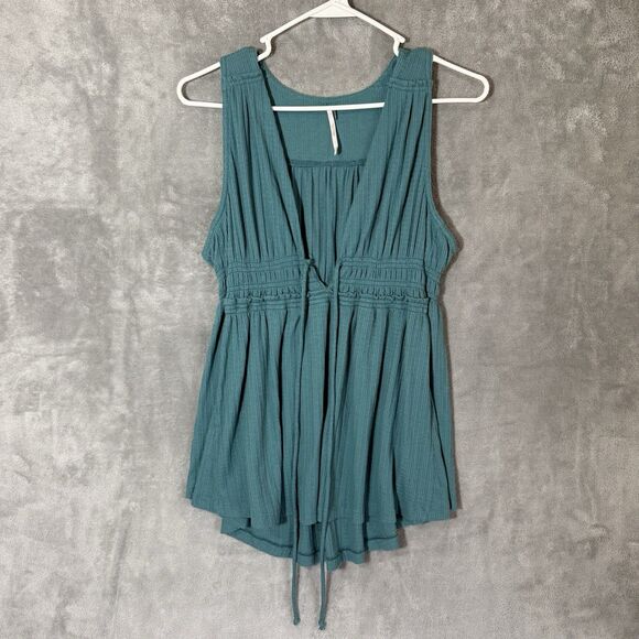 Free People Beach Bound Tank Women M Plunging Tank Top Ocean Blue Boho Babydoll - Picture 2 of 9